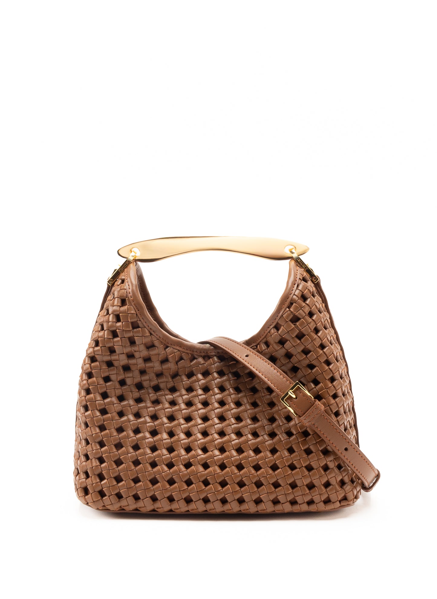 Small Boomerang Woven Leather Cognac