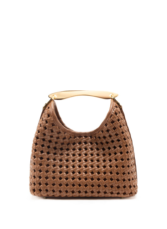 Small Boomerang Woven Leather Cognac