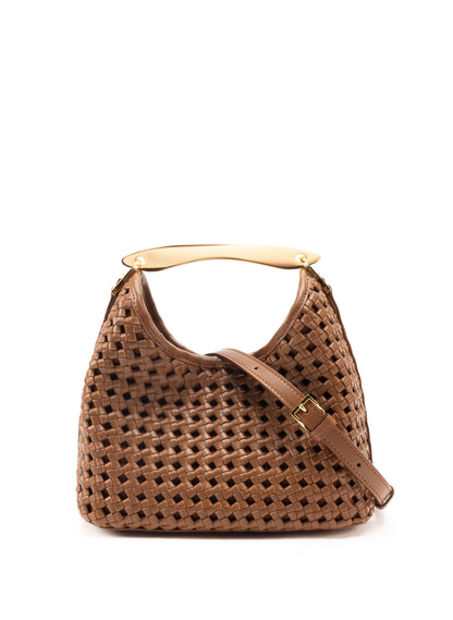Small Boomerang Woven Leather Cognac