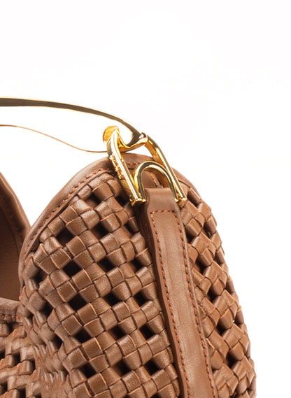 Small Boomerang Woven Leather Cognac