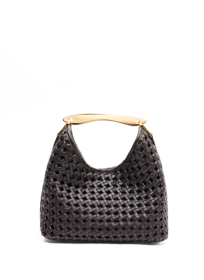Small Boomerang Woven Leather Dark Brown
