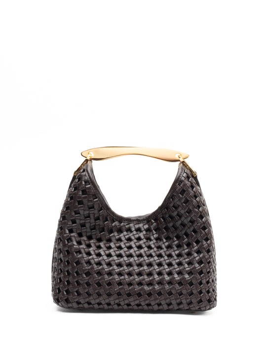 Small Boomerang Woven Leather Dark Brown