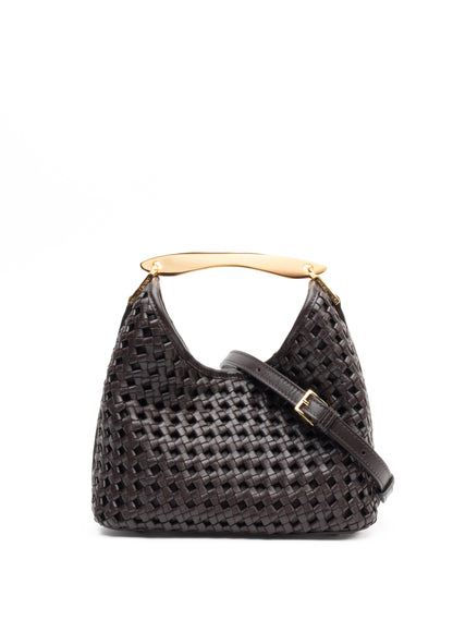 Small Boomerang Woven Leather Dark Brown